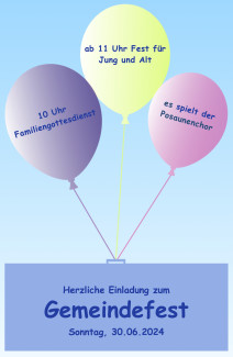 Luftballons, an denen ein Plakat mit dem Termin des Gemeindefestes hängt