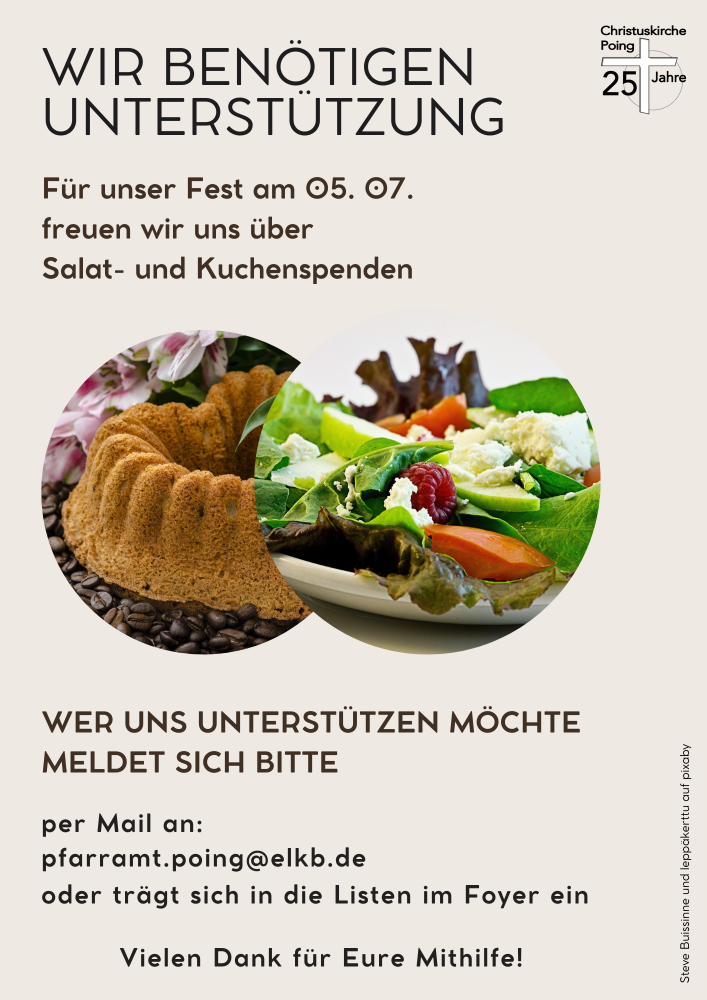 Aufruf für Salat- und Kuchenspenden für unser Jubiläumsfest am 05.07.